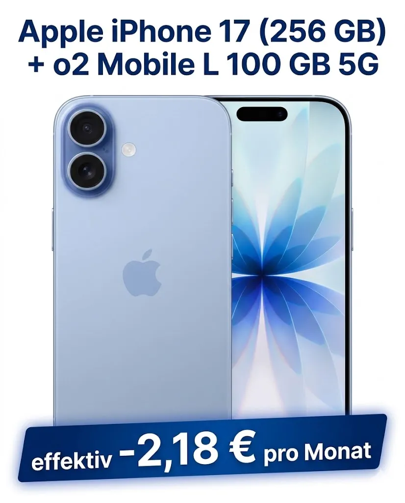 DEINHANDY: Apple iPhone 17 (256 GB) + o2 Mobile L 100 GB 5G für 29,99 € / Monat + 126,93 € einmalig