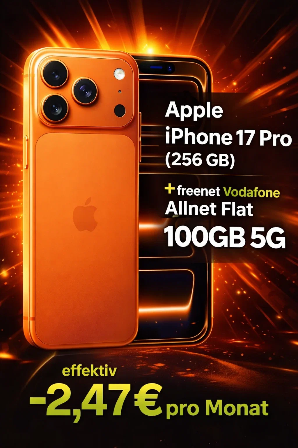 MediaMarkt Tarifwelt: Apple iPhone 17 Pro (256 GB) + 200 € Online Bonus + freenet Vodafone Allnet Flat 100GB 5G für 44,99 € / Monat + 374,95 € einmalig