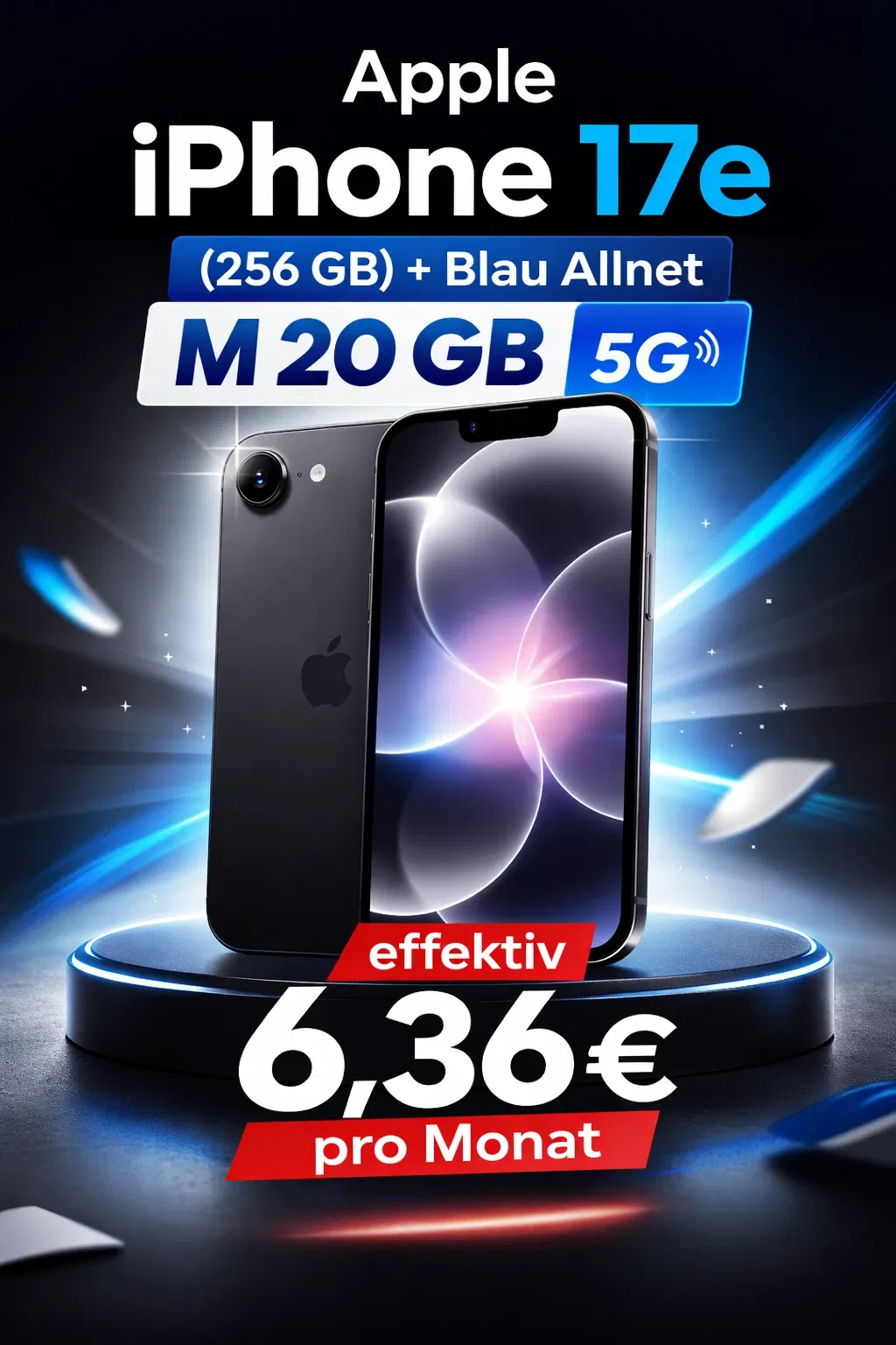 Blau: Apple iPhone 17e (256 GB) + Blau Allnet M 20 GB 5G für 34,99 € / Monat + 11,99 € einmalig