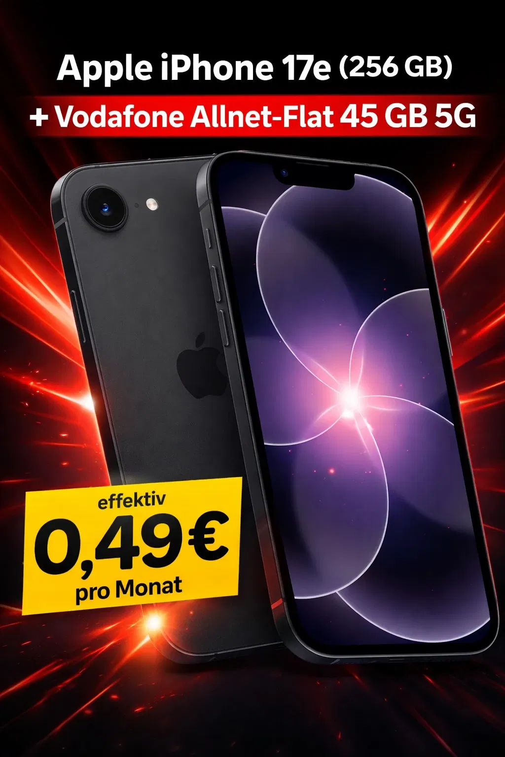 Gomibo: Apple iPhone 17e (256 GB) + 30,00 € Cashback + Vodafone Allnet-Flat 45 GB 5G für 34,99 € / Monat + 1,00 € einmalig