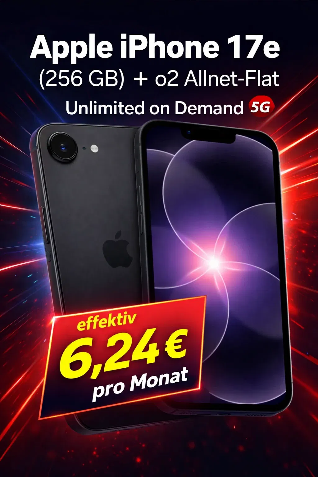 Gomibo: Apple iPhone 17e (256 GB) + o2 Allnet-Flat Unlimited on Demand 5G für 29,99 € / Monat + 228,99 € einmalig