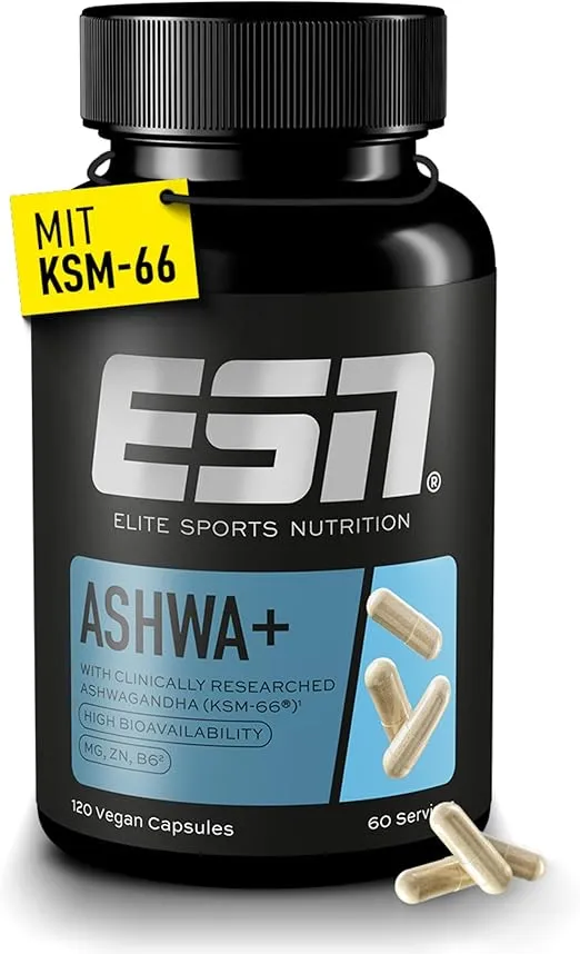 ESN Ashwa + Ashwagandha hochdosiert patentiertes KSM 66® (120 Kapseln mit Magnesium Vitamin B6 & Zink) ab 16,24 € inkl. Prime-Versand (statt 23,80 €)