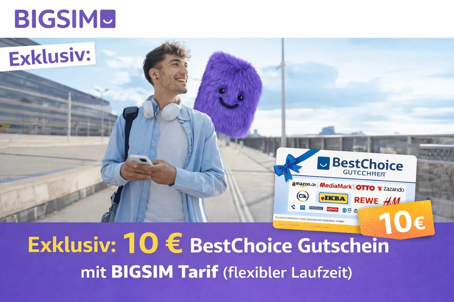 [EXKLUSIV] 10 € BestChoice Gutschein mit  BIGSIM 5G Tarif (flexibler Laufzeit) ab 2,99 € monatlich