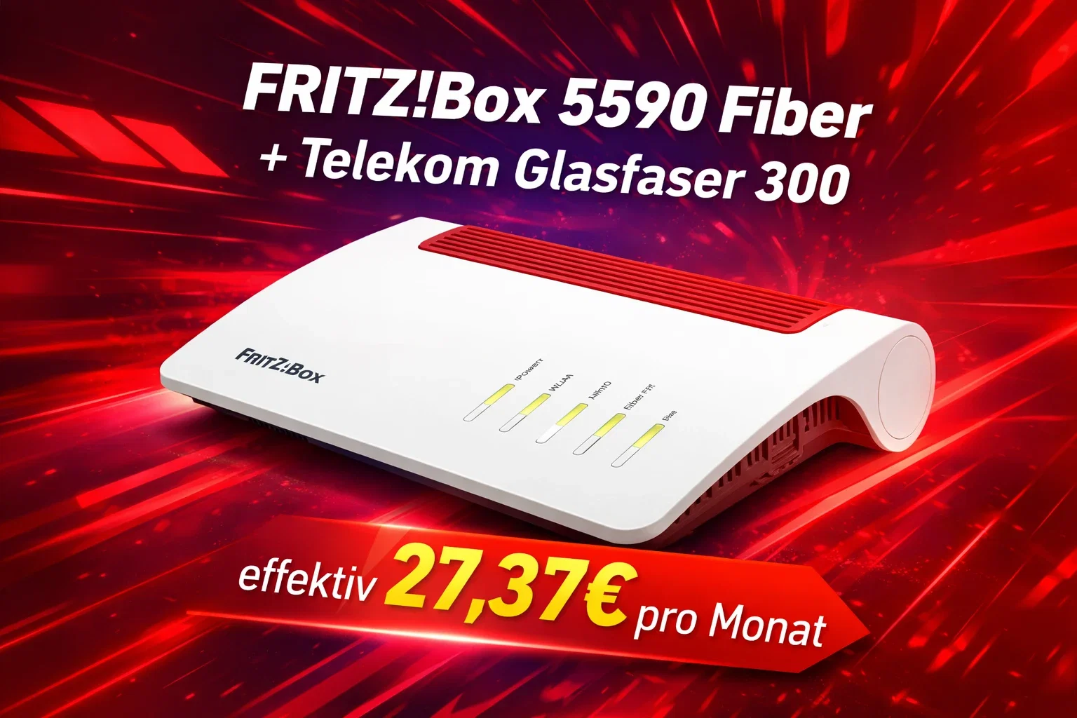 Logitel: FRITZ!Box 5590 Fiber + Fritz! FRITZ!Repeater 3000 AX + Telekom Glasfaser 300  ab 9,95 € / Monat (ab 3. Monat 50,95 €) + 1,00 € einmalig
