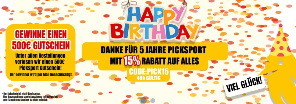 PickSport Geburtstag Deal – 15 % Rabatt auf alles + Chance auf 500 € Gutschein