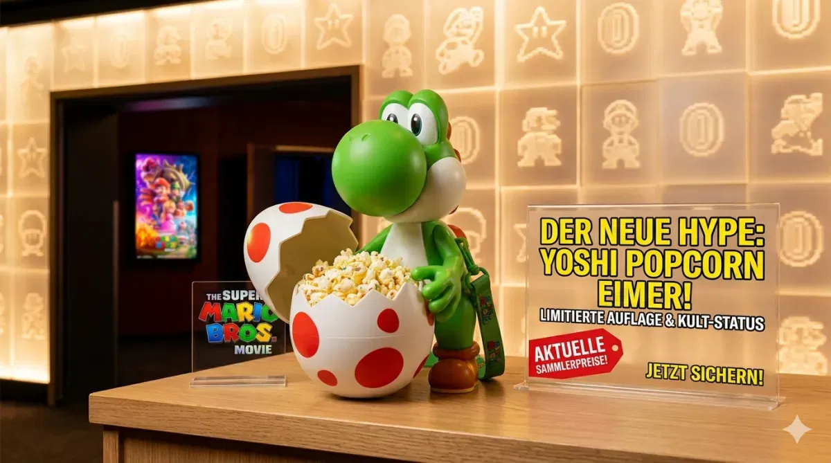 Yoshi Popcorn Eimer im Kino mit Popcorn – limitierter Mario Film Merch im Hype
