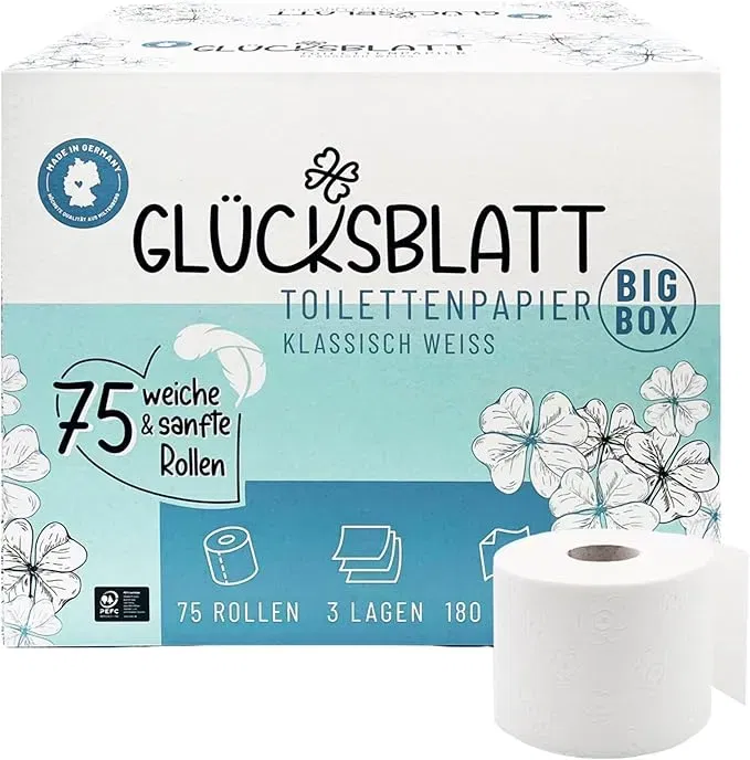 Glücksblatt Toilettenpapier Box 3-lagig 75 Rollen x 180 Blatt für 33,99 € inkl. Prime-Versand (statt 39,99 €)