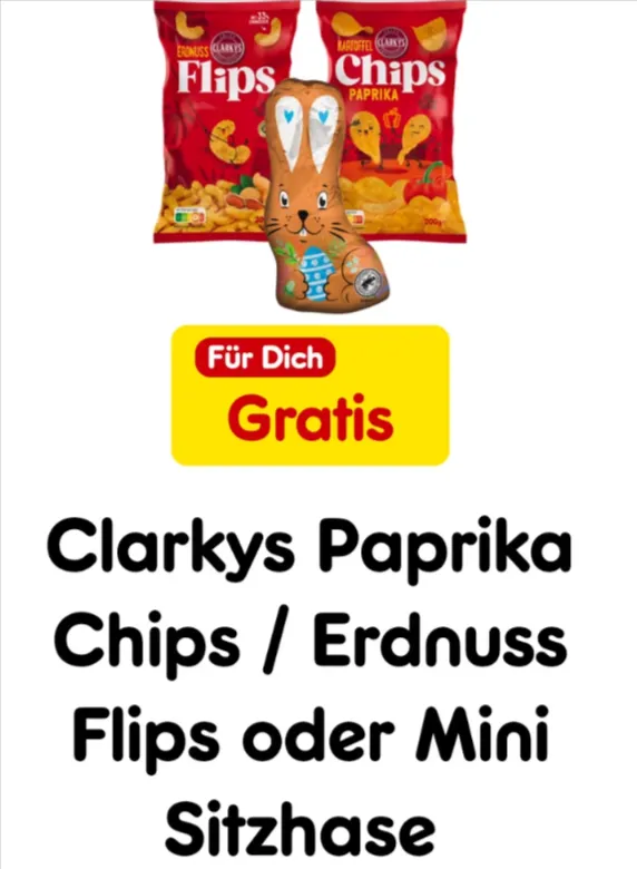 Gratis Clarkys Paprika Chips, Erdnussflips oder Mini Sitzhase mit Netto App Coupon