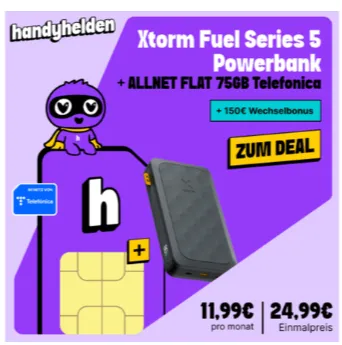 Handyhelden Allnet-Flat 75 GB Deal im o2 Netz – 5G Tarif für nur 11,99€ monatlich + Xtorm Powerbank + 150€ Wechselbonus