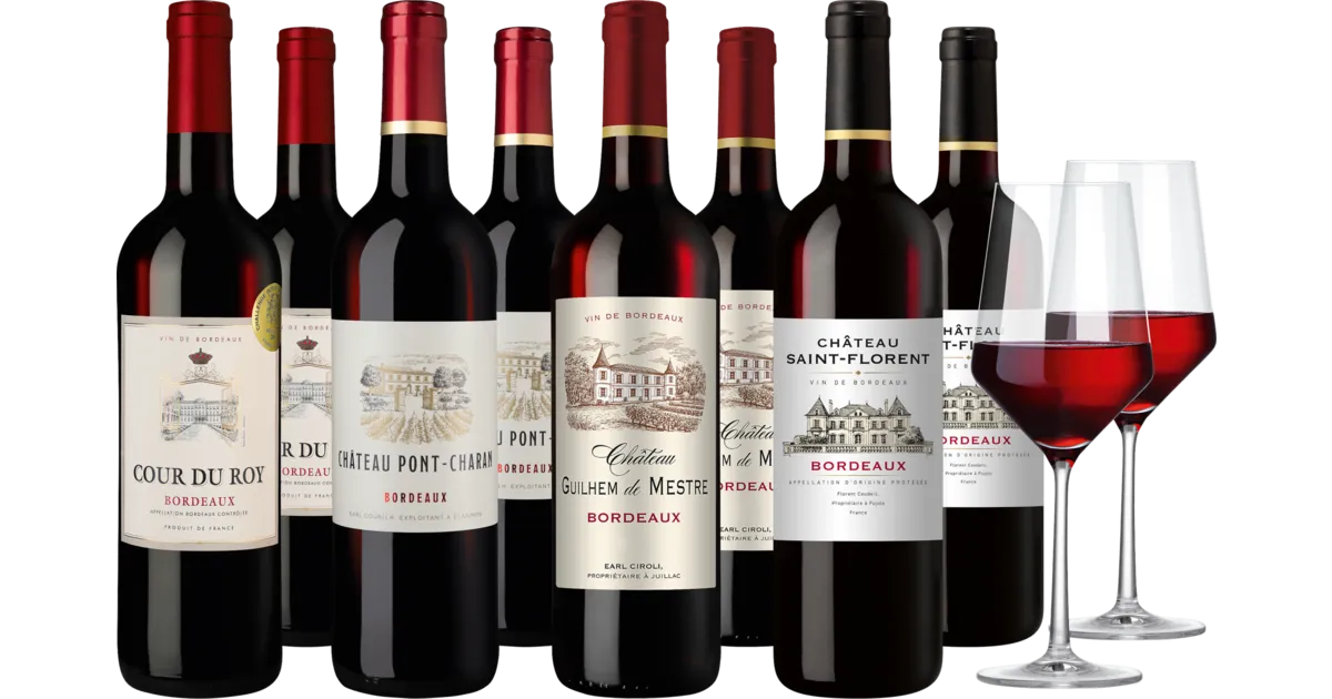 Hawesko Weinpaket Prämiertes Bordeaux 8 Flaschen + Zwiesel Glas 2er Set Pure ab 42,90 € inkl. Versand (statt 99,50 €)