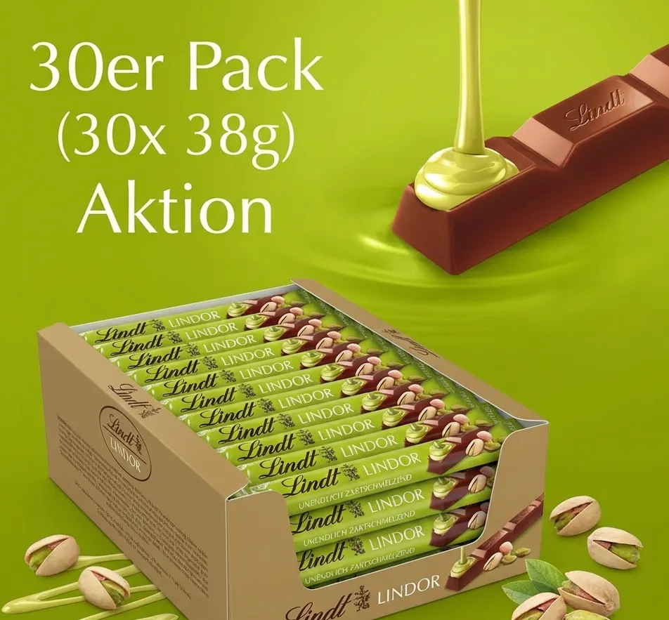 30er Pack Lindt Schokolade | LINDOR Stick Pistazie (30*38g) für 19,99 € inkl. Versand (statt 50,00 €)