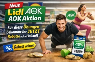 Ein Mann und eine Frau im Fitness-Outfit in einem Supermarkt mit Lidl- und AOK-Logos