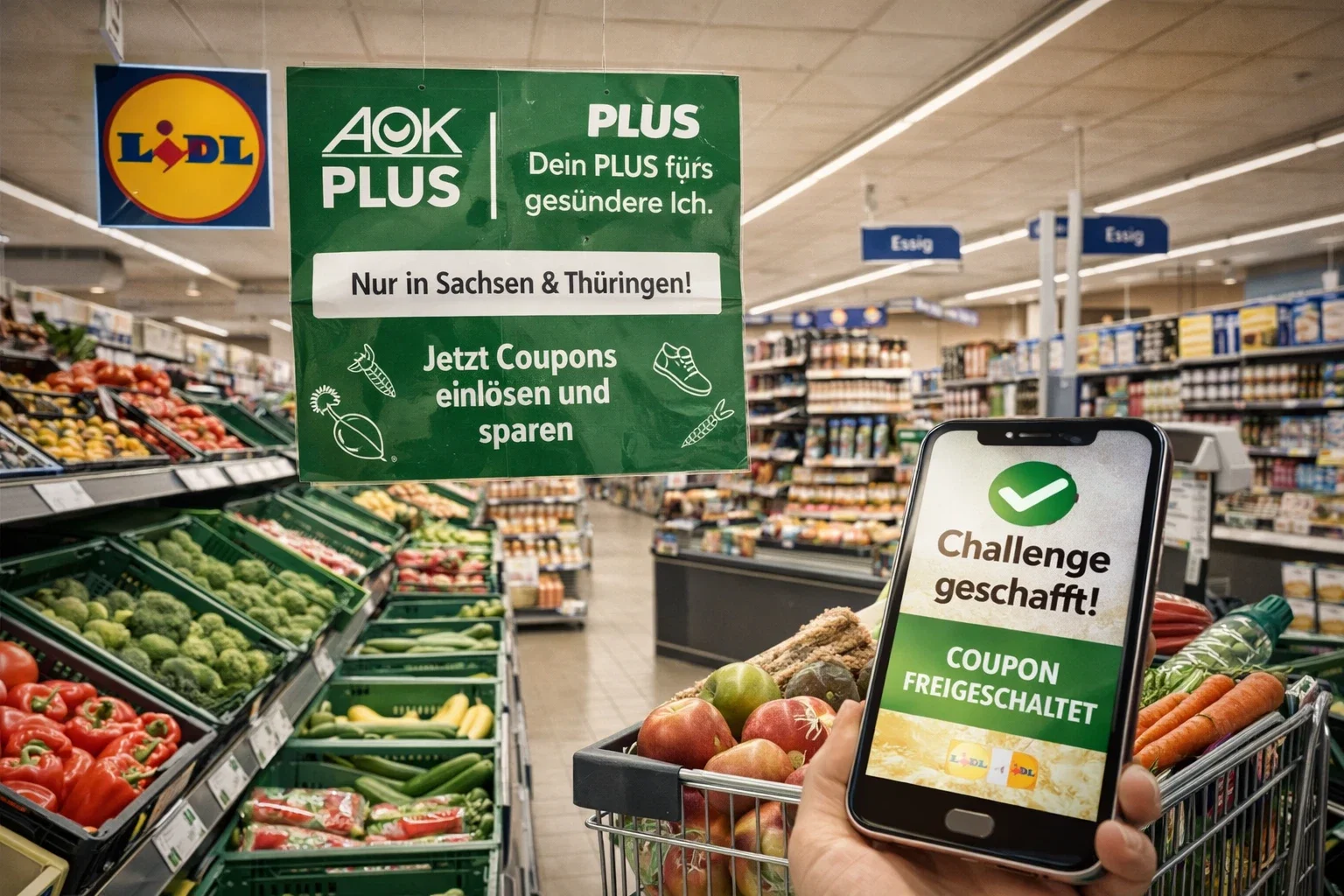 Lidl AOK Aktion im Supermarkt: Digitale Coupons nach Fitness-Challenges direkt beim Einkauf nutzen