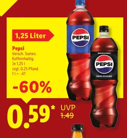 Pepsi 1,25 l vers. Sorten bei Lidl für 0,59 € (23.–28. März) 🥤