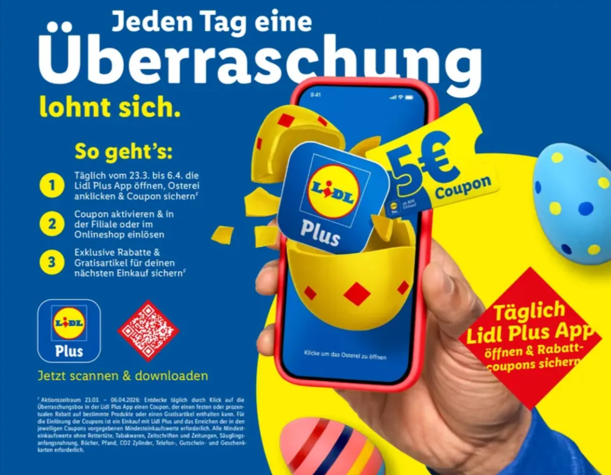 Lidl Plus App Oster-Überraschung – Täglich Coupons sichern wie z. B. 5 € Coupon auf den Einkauf