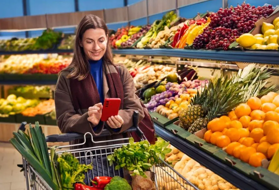Lidl AOK Aktion im Supermarkt: Kundin nutzt Smartphone für digitale Rabatt-Coupons beim Einkauf