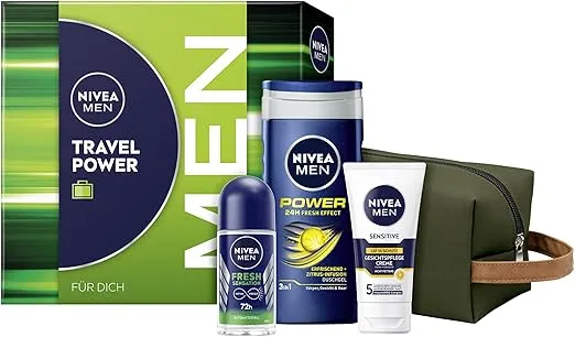NIVEA MEN Travel Power Geschenkset Pflegeset (mit Pflegeprodukten für unterwegs und Kulturtasche)