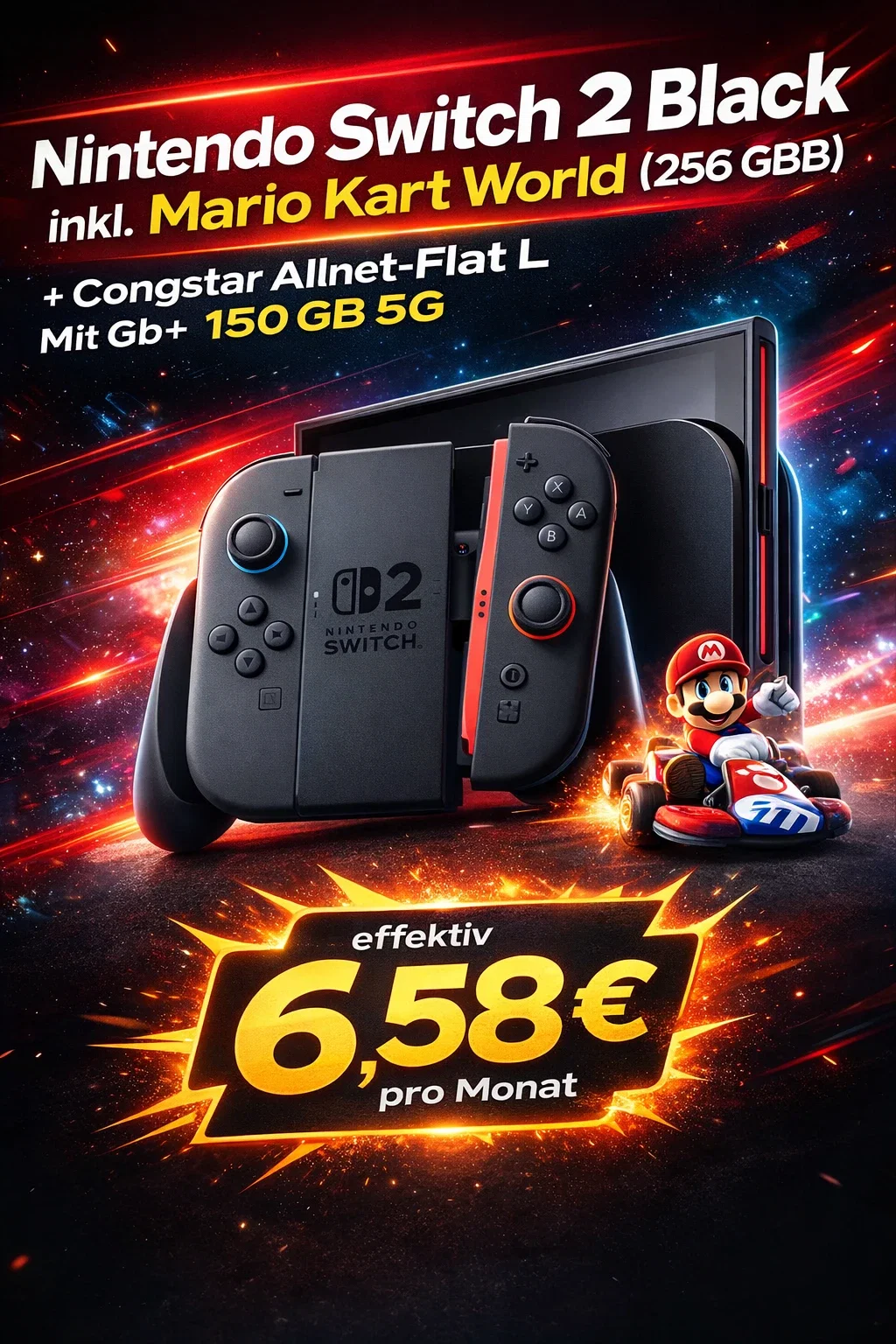 Logitel: Nintendo Switch 2 Black inkl. Mario Kart World (256 GB) + LogiTel Cashback 70€ + Congstar Allnet-flat L Mit Gb+ 150 GB 5G für 29,00 € / Monat + 1,00 € einmalig