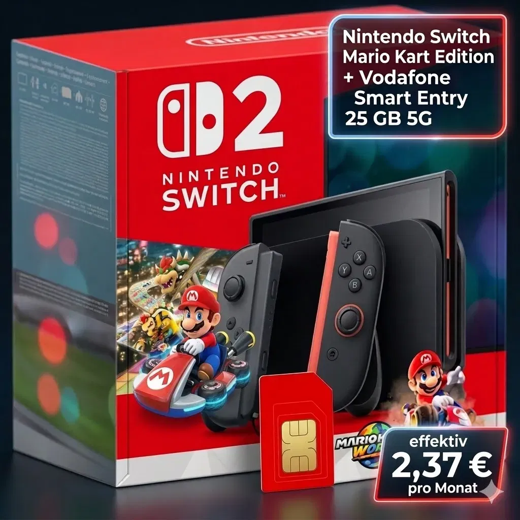 Gomibo: Nintendo Switch 2 Mario Kart Edition + 100 € Cashback + Vodafone Smart Entry 25 GB 5G für 29,99 € / Monat + 1,95 € einmalig