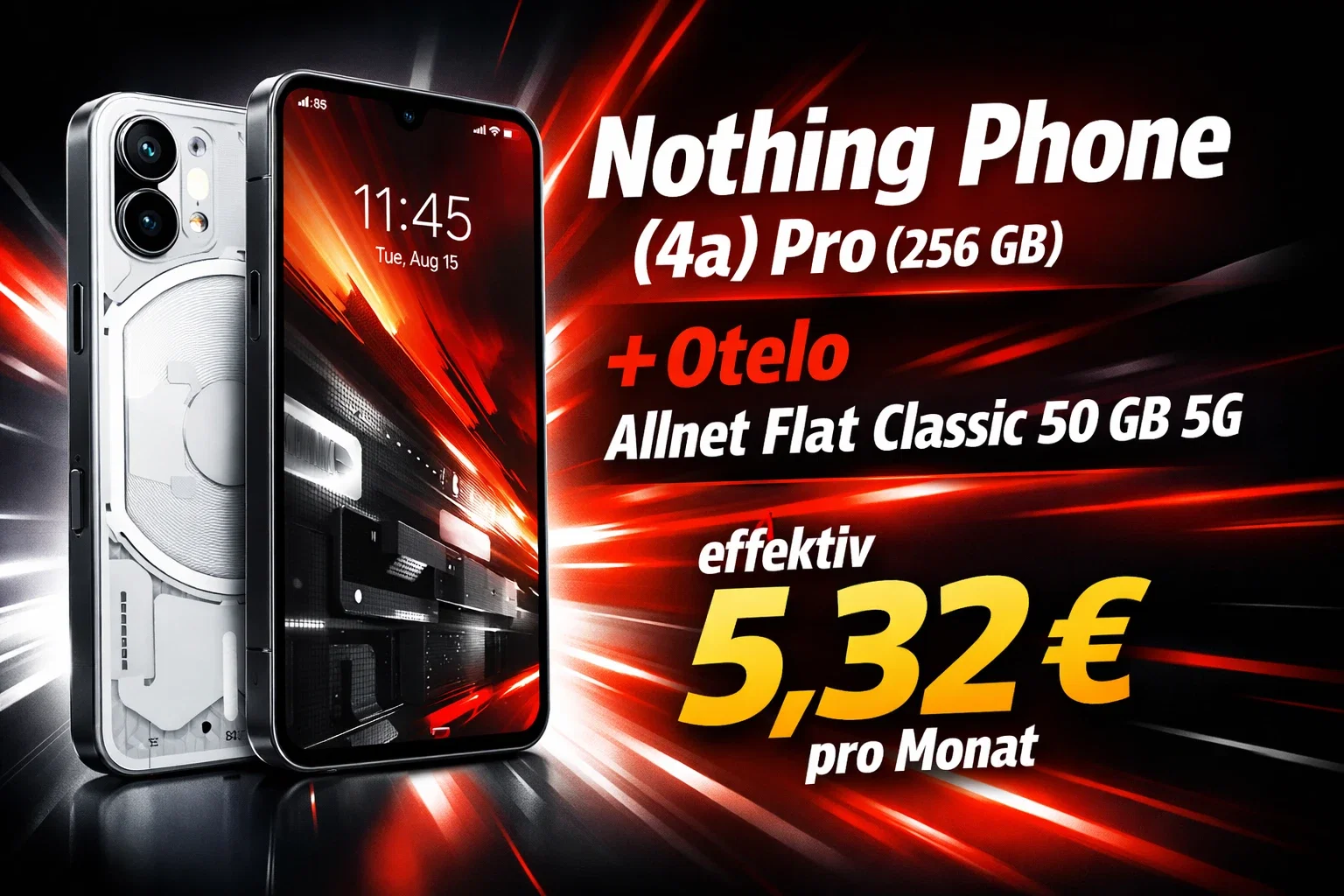 DEINHANDY: Nothing Phone (4a) Pro (256 GB) + Otelo Allnet Flat Classic 50 GB 5G für 19,99 € / Monat + 146,93 € einmalig