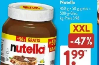 Aldi Süd: Nutella 500 g (450 g + 50 g extra) für nur 1,99 € (3,98€ pro Kilo)