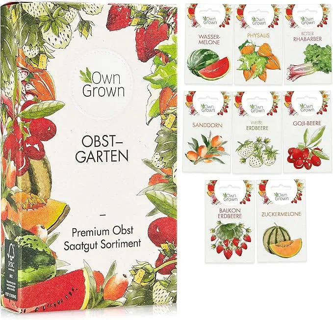 Obst Samen Set Premium Garten Obst Saatgut mit 8 Sorten Obst Pflanzen fuer Garten und Balkon – Wassermelone Samen Erdbeeren Samen Andenbeere Rhabarber uvm. – Obstsamen Geschenk Set von OwnGrown Schnäppchen, Deals und Rabattcodes des Tages - Obst Samen Set Premium Garten Obst Saatgut mit 8 Sorten Obst Pflanzen für Garten und Balkon