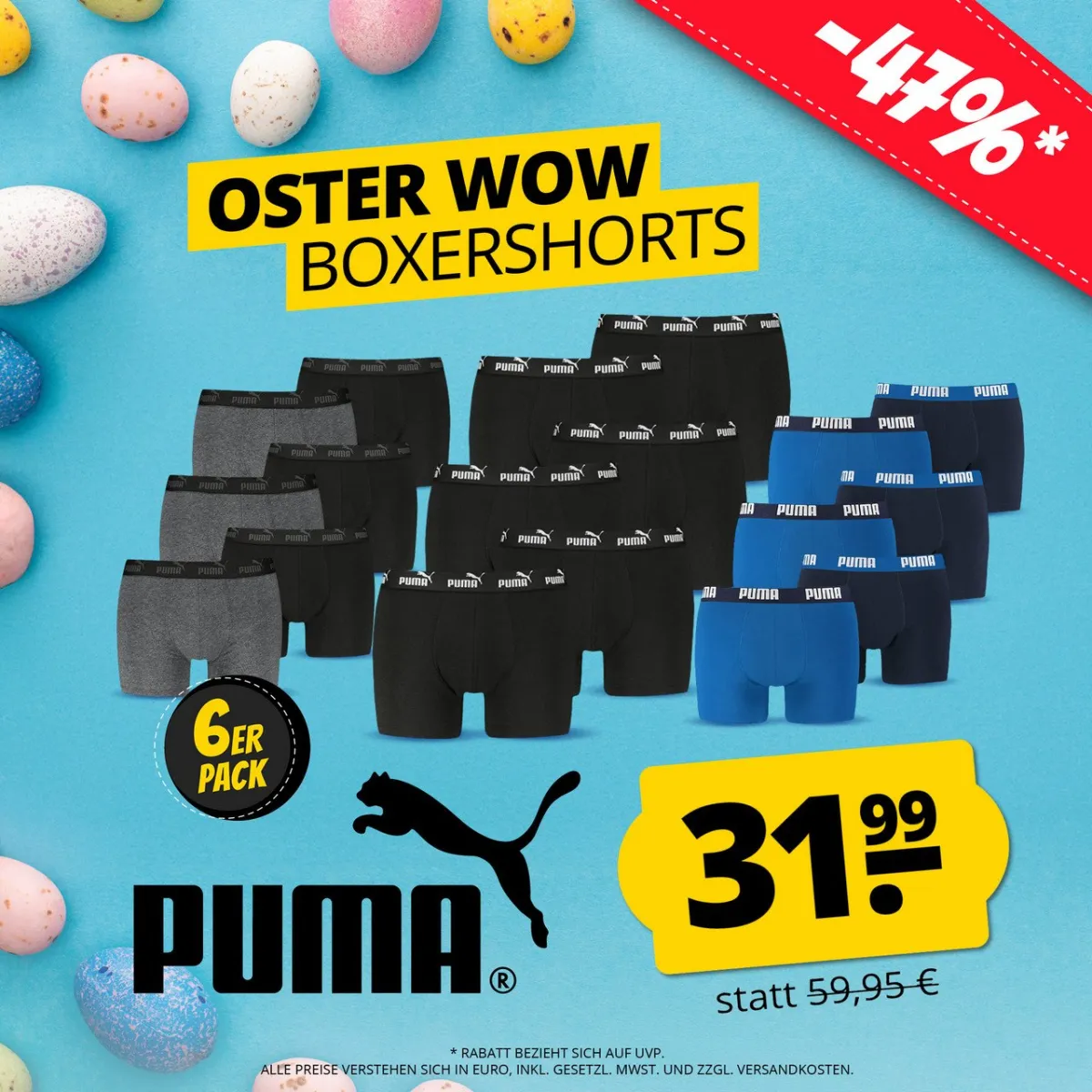 PUMA Elements Basic Herren Boxershorts 6er Pack (4 Farben, Gr. M bis 2XL)