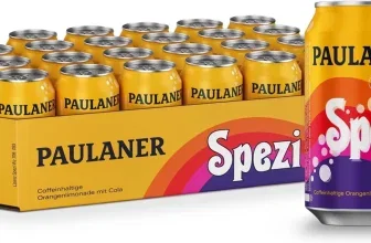 Paulaner Spezi 24er Pack: Gelbe Dose und Karton mit Aufschrift 'Spezi' und 'Paulaner'