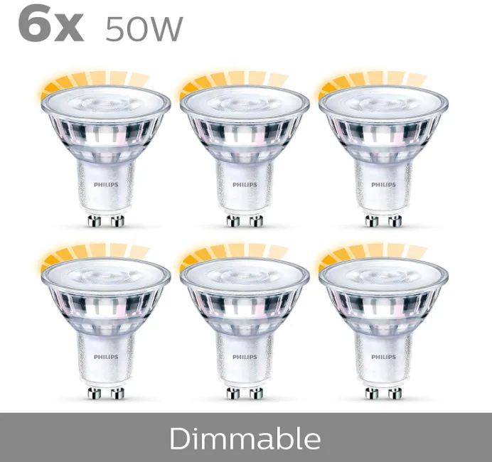 Philips LED Classic GU10 Lampen Warm Glow (50 W – 6-er Pack)