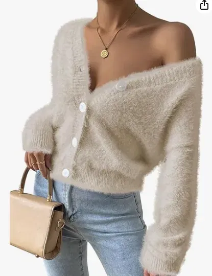 Pink Queen Damen V-Ausschnitt Lockere Pelzige Strickjacke (3 Farben, Gr. S bis XL)