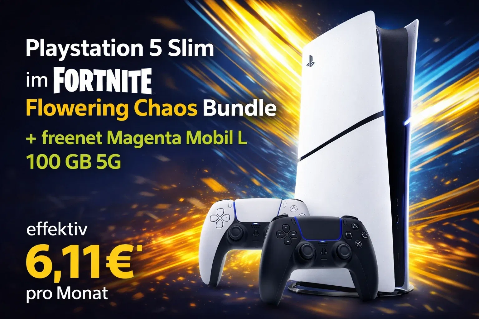 Gomibo: Playstation 5 Slim im Fortnite Flowering Chaos Bundle + 100 € Cashback + freenet Magenta Mobil L 100 GB 5G für 34,95 € / Monat + 1,95 € einmalig