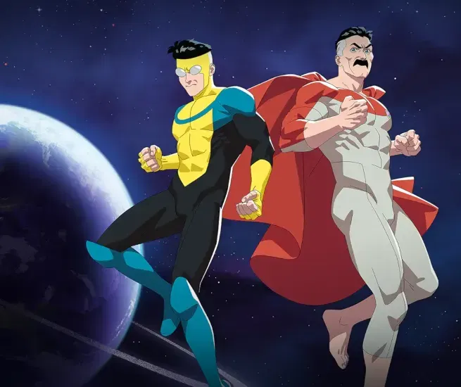 Prime Video Filme Serien Sport und Live TV ansehen 03 18 2026 09 34 PM Superhelden aus der Serie Invincible auf Prime Video im Weltraum mit Planet im Hintergrund