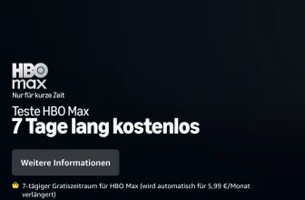 HBO Max Logo mit Text 'Teste HBO Max 7 Tage lang kostenlos' und Hinweis auf automatische Verlängerung