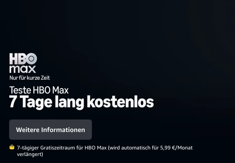 HBO Max Logo mit Text 'Teste HBO Max 7 Tage lang kostenlos' und Hinweis auf automatische Verlängerung