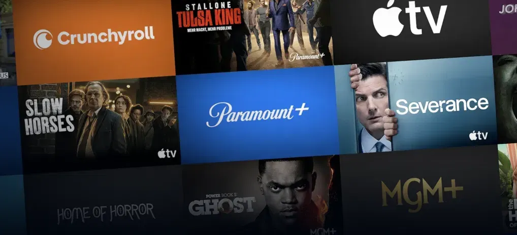 Prime Video Zusatzkanaele durchsuchen und buchen – jetzt ansehen 03 18 2026 09 31 PM Streaming Dienste Übersicht mit Logos von Paramount Plus, Apple TV, Crunchyroll und MGM Plus auf Prime Video