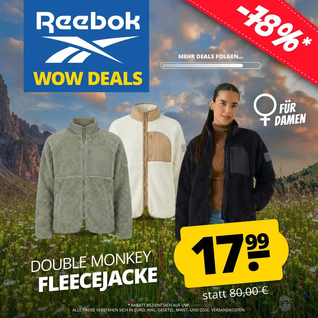 Reebok Double Monkey Fleece Damen Jacke (3 Farben, Gr. S bis XL) für 22,94 € inkl. Versand