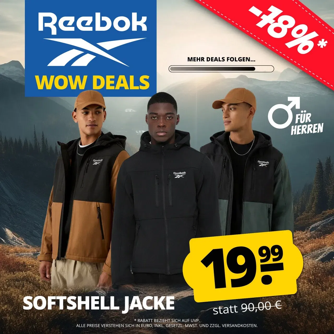 Reebok Outdoor Herren Softshelljacke (3 Farben, Gr. S bis XL) für 24,94 € inkl. Versand