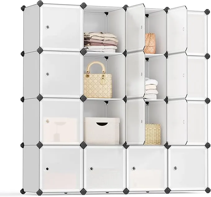 SONGMICS 16 Wuerfel Aufbewahrungsschrank mit Tueren Kleiderschrank aus Kunststoff mit Tueren Steckregal Aufbewahrung von Kleidung Schuhen und Buechern einfache Montage weiss LPC44BS Schnäppchen, Deals und Rabattcodes des Tages - SONGMICS 16 Würfel Aufbewahrungsschrank mit Türen in Weiß