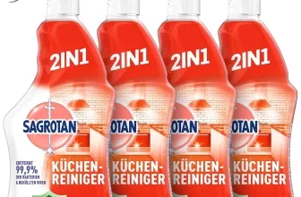 Vier rote Flaschen mit weißer Sprühdüse und Zitronenabbildung