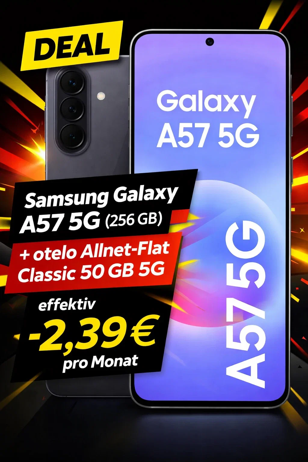 Logitel: Samsung Galaxy A57 5G (256 GB) + otelo Allnet-flat Classic 50 GB 5G für 19,99 € / Monat + 8,99 € einmalig