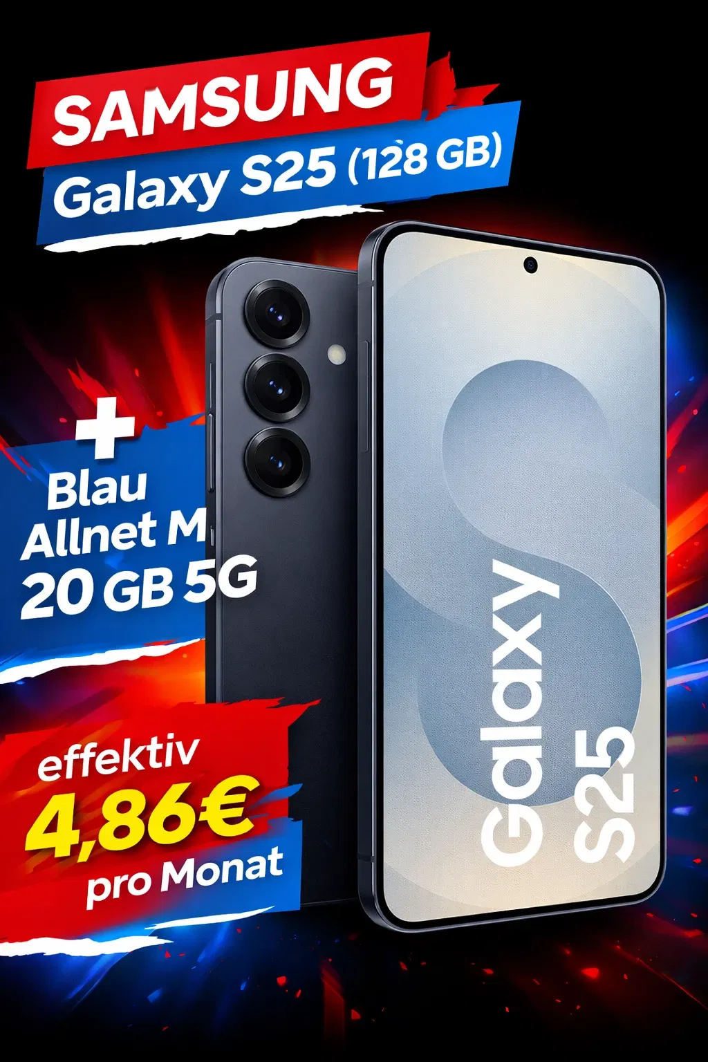 Blau: Samsung Galaxy S25 (128 GB) + Blau Allnet M 20 GB 5G für 29,99 € / Monat + 29,99 € einmalig