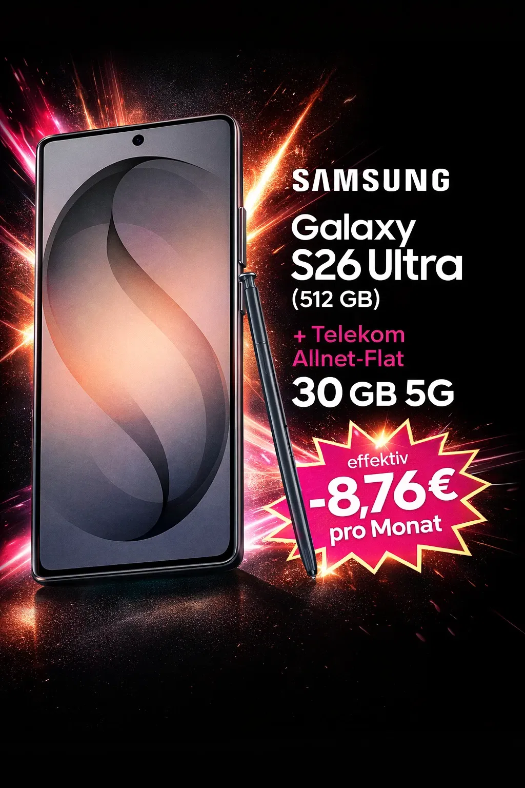 Gomibo: Samsung Galaxy S26 Ultra (512 GB) + 240,00 € Cashback + Telekom Allnet-Flat 30 GB 5G für 39,95 € / Monat + 558,95 € einmalig