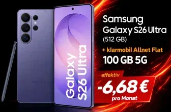Schnäppchen, Deals und Rabattcodes des Tages - Samsung Galaxy S26 Ultra mit 512 GB und klarmobil Allnet-Flat 100 GB 5G