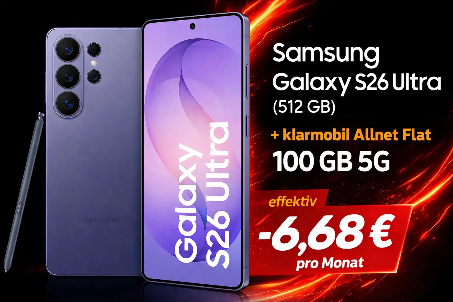 klarmobil: Samsung Galaxy S26 Ultra (512 GB) + klarmobil Allnet Flat 100 GB 5G für 44,99 € / Monat + 99,99 € einmalig