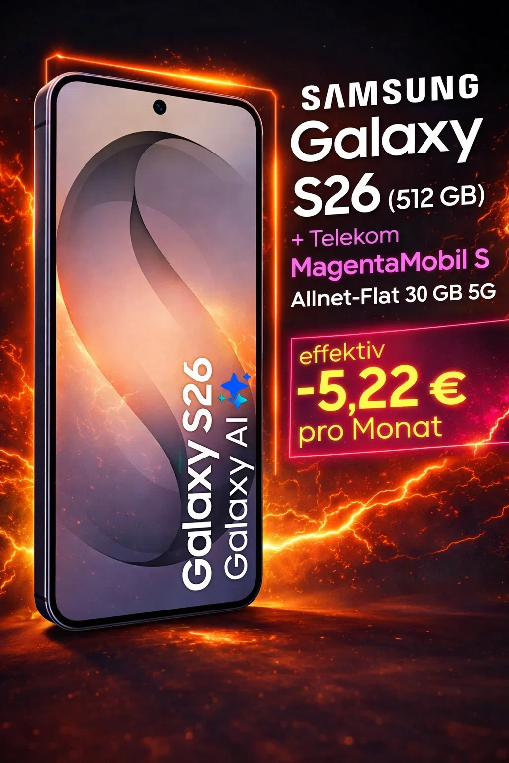 Gomibo: Samsung Galaxy S26 (512 GB) + 240,00 € Cashback + Telekom MagentaMobil S Allnet-Flat 30 GB 5G für 39,95 € / Monat + 43,90 € einmalig
