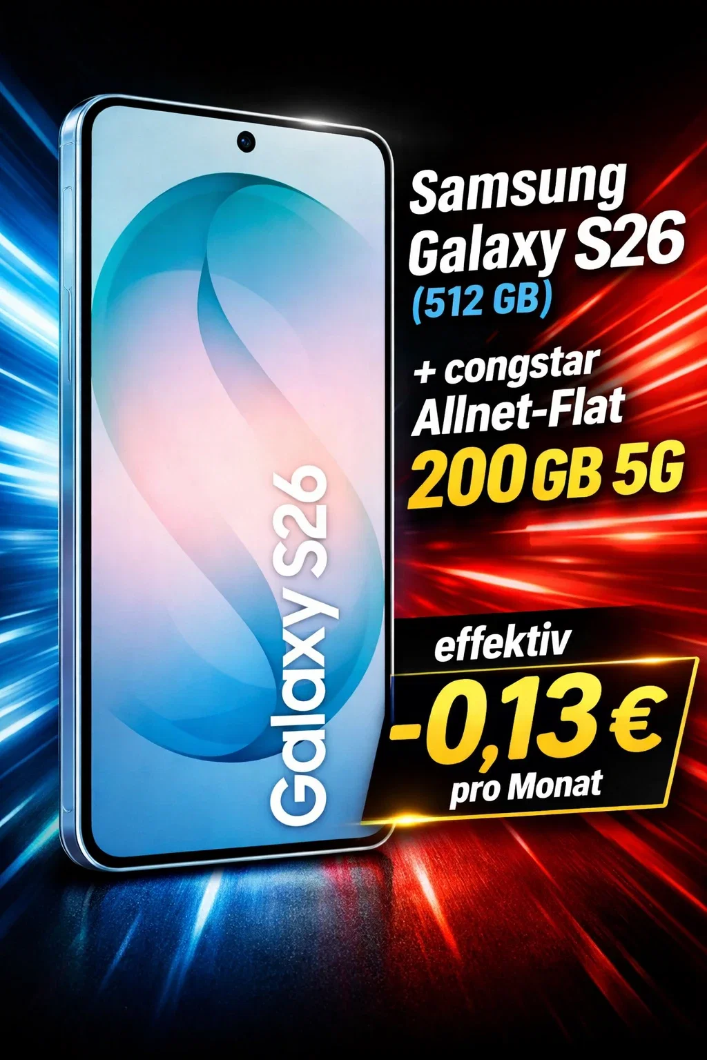 Gomibo: Samsung Galaxy S26 (512 GB) + 50,00 € Cashback + congstar Allnet-Flat 200 GB 5G für 34,00 € / Monat + 78,95 € einmalig