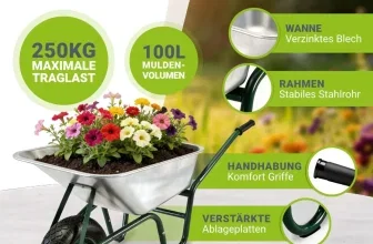 Juskys Schubkarre Garden 100 L mit Blumen, Details zu Wanne, Rahmen und Griffen