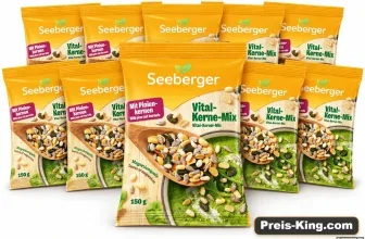 Mehrere gelbe Beutel von Seeberger Vital-Kerne-Mix mit Pinienkernen, 150 g, auf weißem Hintergrund.