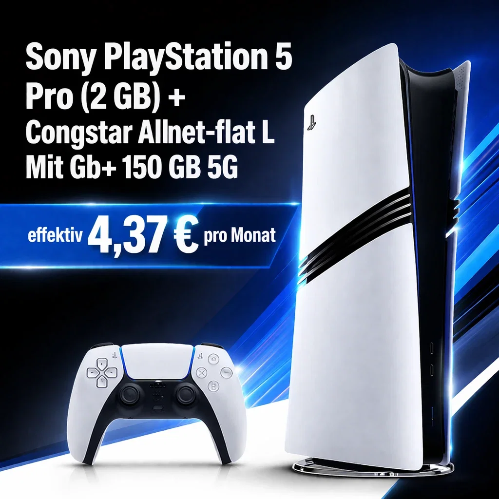 Logitel: Sony PlayStation 5 Pro (2 GB) + Congstar Allnet-flat L Mit Gb+ 150 GB 5G für 29,00 € / Monat + 203,99 € einmalig