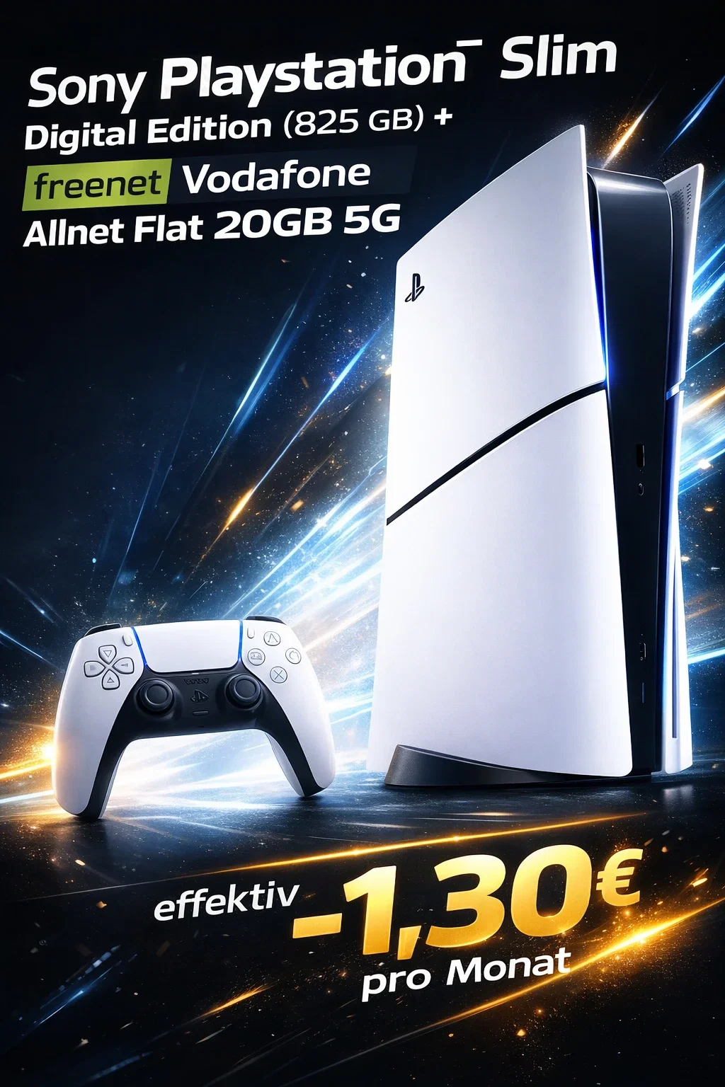 MediaMarkt Tarifwelt: Sony Playstation 5 Slim Digital Edition (825 GB) + freenet Vodafone Allnet Flat 20GB 5G für 12,99 € / Monat + 74,94 € einmalig